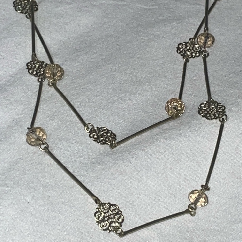 Vintage gold tone bar link circle swirl filagree pink cut crystal bead chain nec